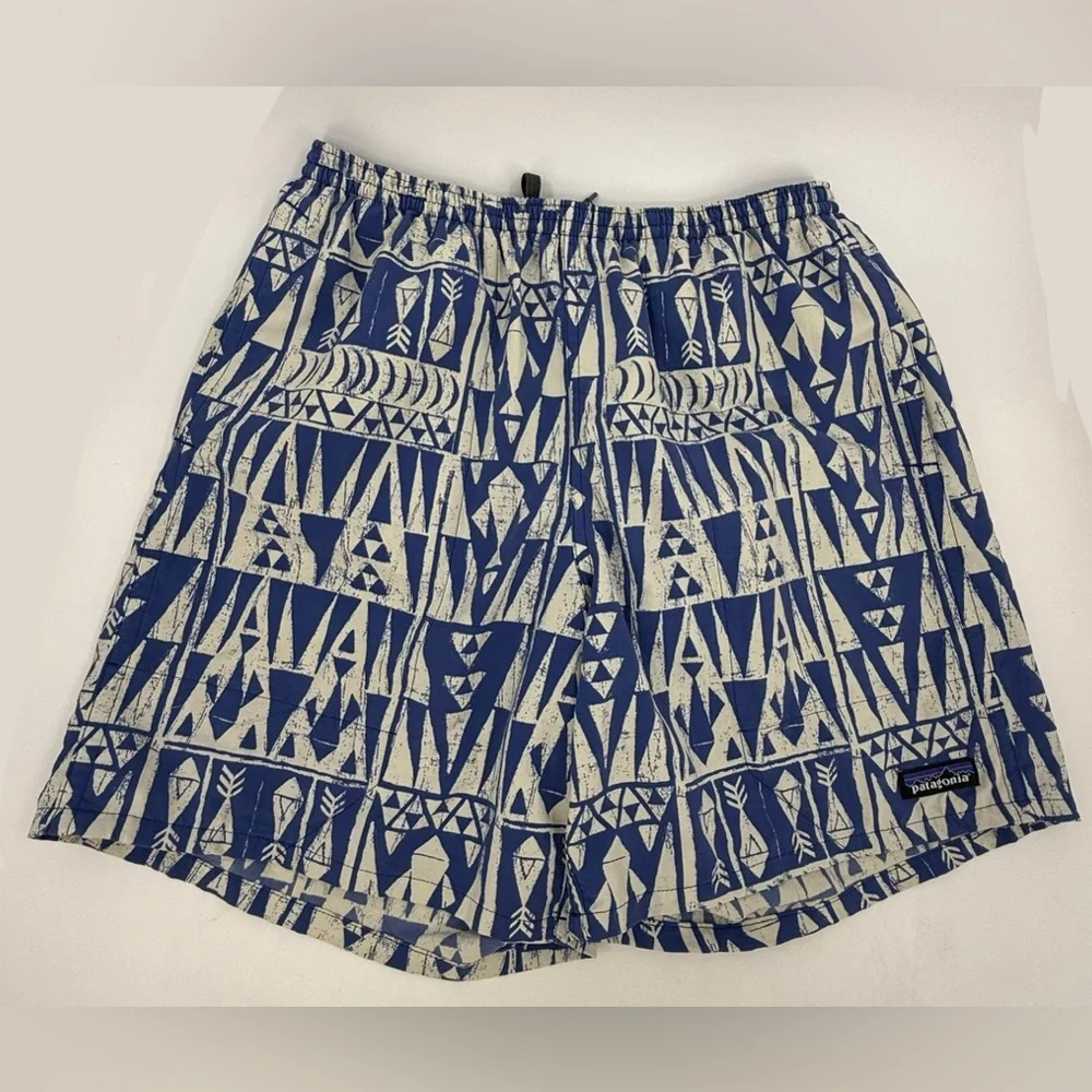 Patagonia White & Blue Baggies Mens Sz Small Tribal Aztec Geometric Print Lined‎